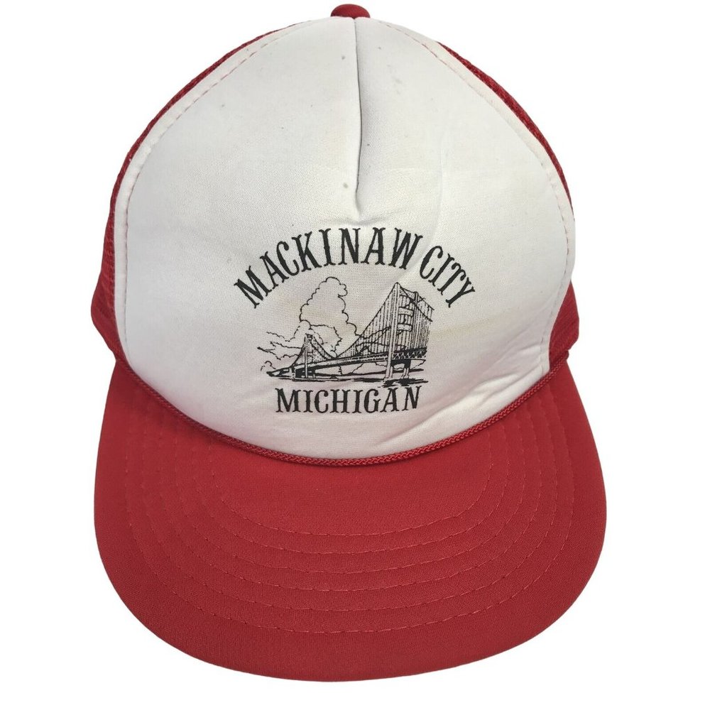 Vintage Mackinaw City Bridge Michigan White And Red Snapback Mesh Trucker Hat